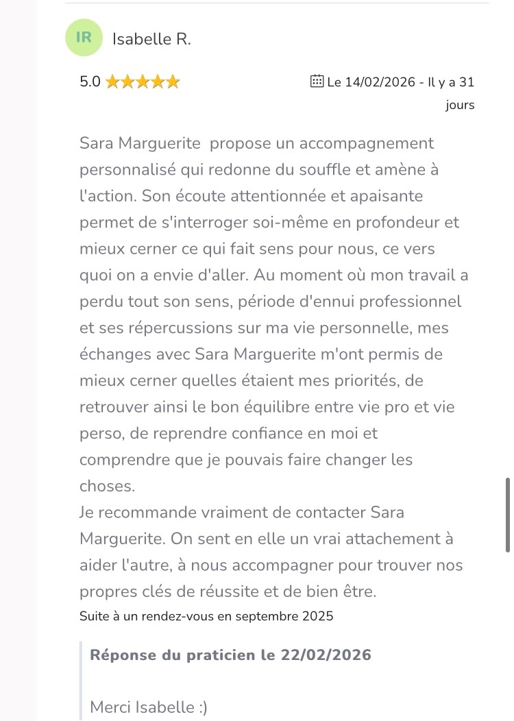 Photo numéro 5 de la galerie de Sara Marguerite : Coach en développement personnel à Châtillon. Prendre RDV