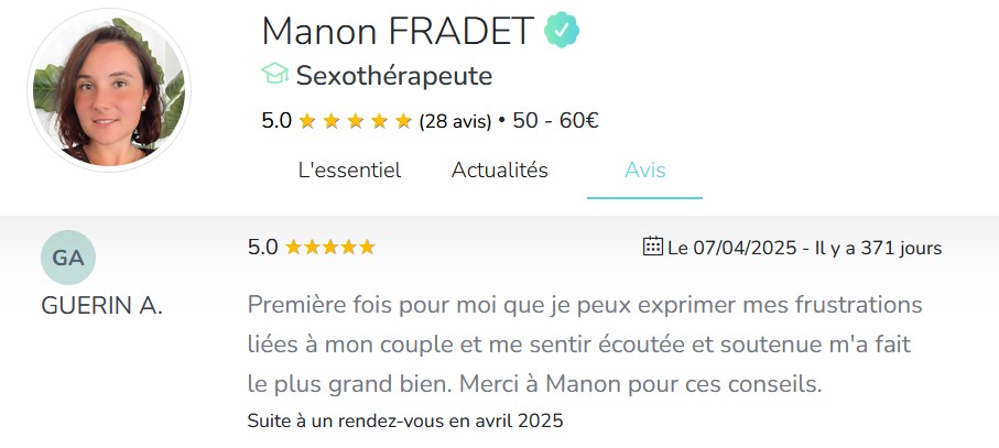 Photo numéro 4 de la galerie de Manon Fradet : Sexothérapeute à Tonneins. Prendre RDV