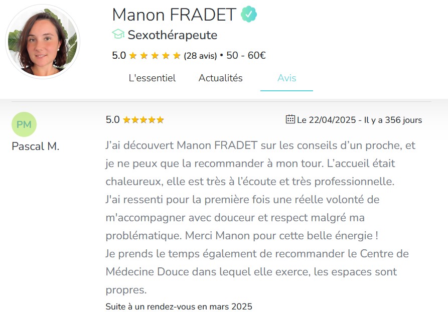 Photo numéro 5 de la galerie de Manon Fradet : Sexothérapeute à Tonneins. Prendre RDV