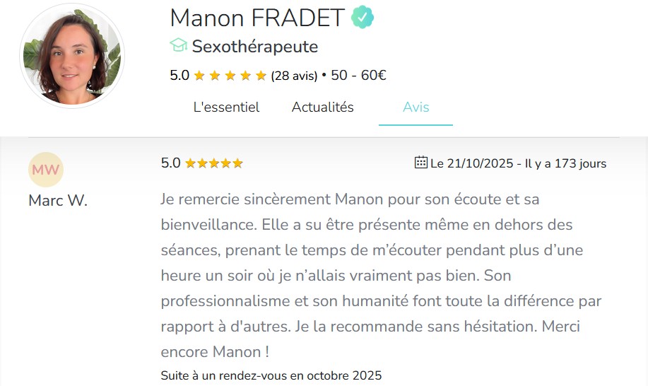 Photo numéro 7 de la galerie de Manon Fradet : Sexothérapeute à Tonneins. Prendre RDV