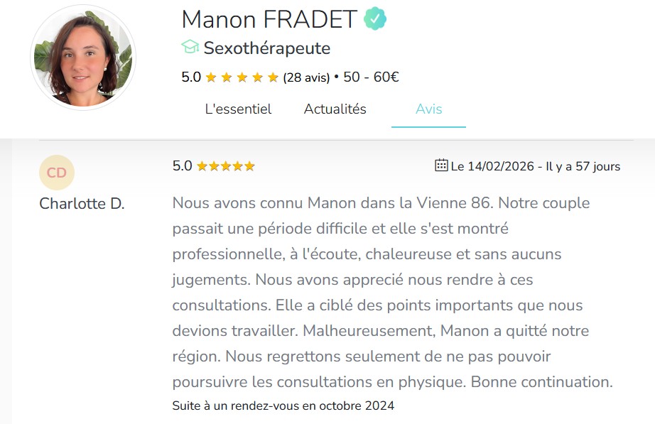 Photo numéro 8 de la galerie de Manon Fradet : Sexothérapeute à Tonneins. Prendre RDV